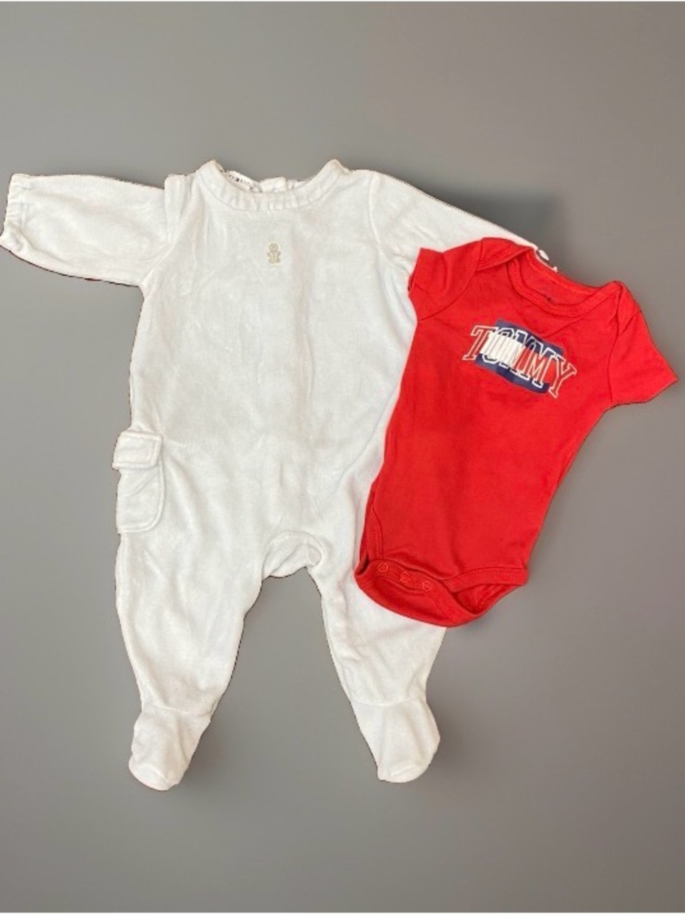 Vntg Tommy Hilfiger Baby Bundle 3-6 Months Red Bodysuit & Velour Footed Sleeper